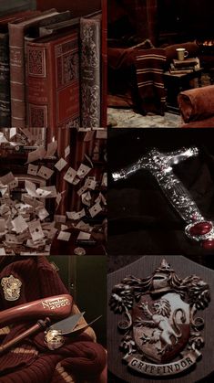 the collage shows harry potter's crest, books and other items