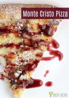 a slice of pizza covered in sauce and powdered sugar with the words monte cristoo pizza on it