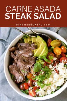 a white bowl filled with steak, rice and tomatoes