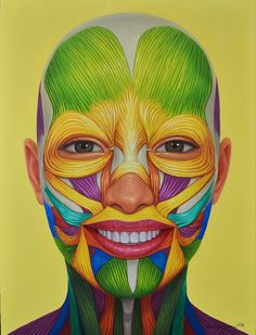 a painting of a man's face with multiple colored lines on the upper half of his body