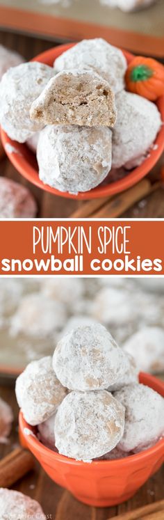 pumpkin spice snowball cookies on an orange plate