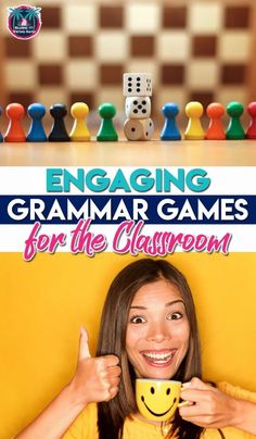 a woman holding up a mug with the words engaging grammar games for the classroom