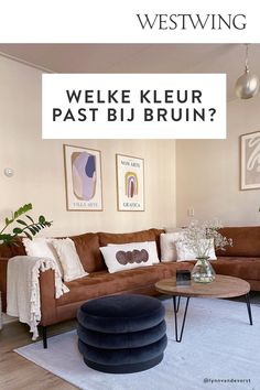 a living room with brown couches and pictures on the wall above it that says westwing