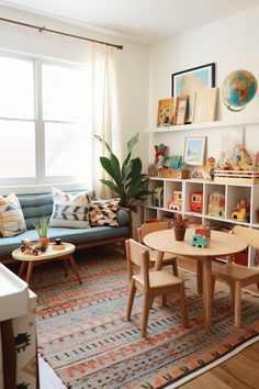 a living room filled with lots of furniture and decor on top of a wooden floor