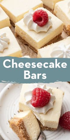 cheesecake bars with raspberries and whipped cream on top are shown in this collage