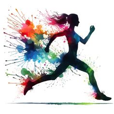 a woman running with colorful paint splatters on her body and arms in the air