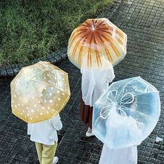 three people with umbrellas are walking down the street in front of some grass and bushes