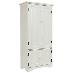 a white armoire with two doors and drawers