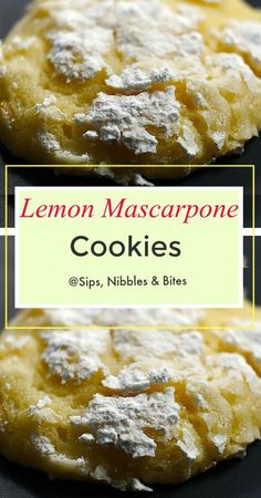 lemon mascarpone cookies with powdered sugar on top and the title reads, lemon mascarpone cookies