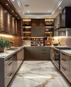 a kitchen with marble flooring and wooden cabinets