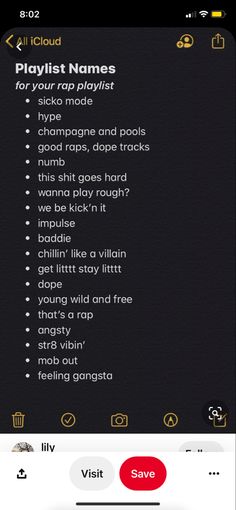 an iphone screen with the text playlist names in red and black on it, which is