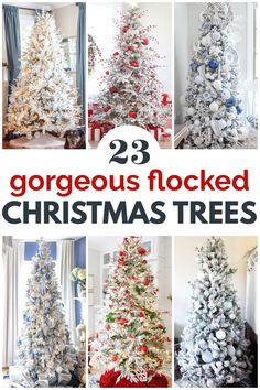 several different types of christmas trees with text overlay that reads 23 gorgeous flocked christmas trees