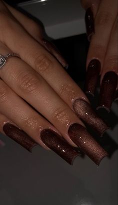 Fall Nails 2023 Cat Eye, Sparkly Dark Brown Nails, Brown Glitter Nails Acrylic, Shimmery Brown Nails, Fall Birthday Nails Short, Glittery Brown Nails, November Nails Designs Fall Almond, Glitter Brown Nails, Cats Eye Nails Design Ideas Fall