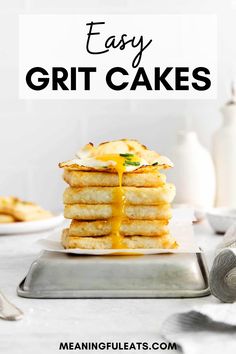 A stack of grit cakes with a fried egg on top with fresh herbs on top Grit Cakes Recipe, Fried Grits, Grits And Eggs, Quick Grits, Meaningful Eats, Grit Cakes, Instant Grits, How To Cook Grits