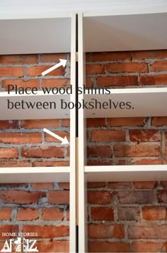 two white shelves with bookshelves on them and the words place wood arms between bookshelves