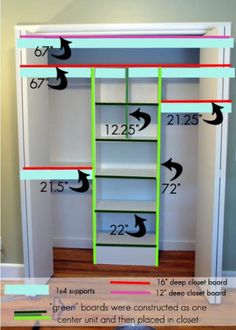 the measurements for a bookcase are shown in green and white, with arrows pointing to each