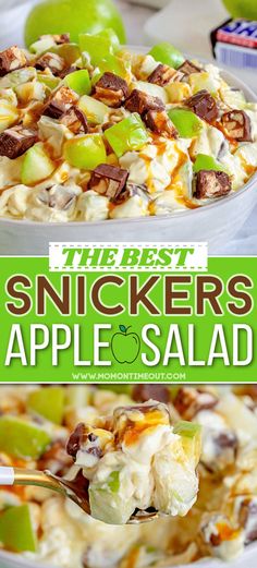 This easy Snickers Salad is a sweet and tart creamy dessert salad that is perfect for potlucks, parties and holidays! Ready in just minutes! Snicker Apple Salad, Snickers Salad, Snickers Candy, Apple Salad Recipes, Tart Dessert, Apple Salad, Fruit Salad Recipes, Dessert Salads, Cream Top