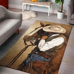 a living room area rug with a cowboy painting on it