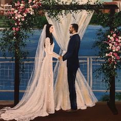 a painting of a bride and groom holding hands under an arch with flowers on it