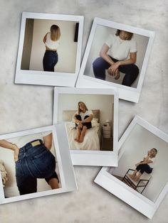 four polaroid photos of women sitting on a bed