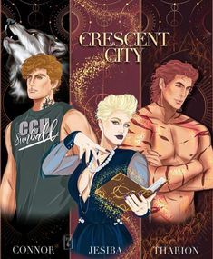 the cover to crescent city, featuring two men and a woman in front of a wolf