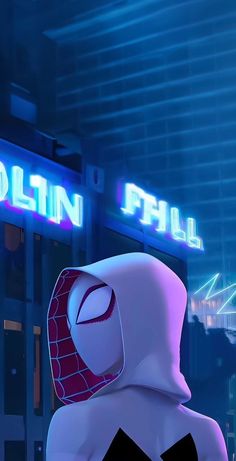 an animated spider - man stands in front of a building with the word collin hill on it