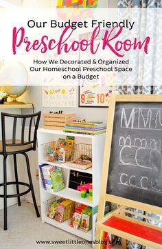 a child's playroom with chalkboard and bookshelf