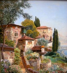 an oil painting of a house on the hillside