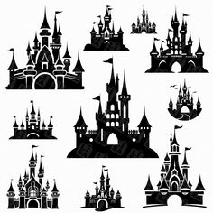 disney castle silhouettes are shown in black and white