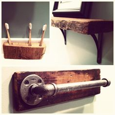 there are three pictures of toothbrushes in the holder on the wall, and one is made out of wood