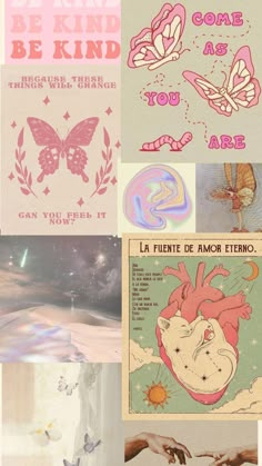 the collage shows different types of artwork and words in pink, blue, green, white