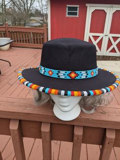 Beaded Fedora Hat with hat band Multicolor Beaded Hat With Curved Brim, Black Beaded Western Hat, Multicolor Beaded Brimmed Hat, Multicolor Beaded Short Brim Hat, Beaded Hat With Curved Brim For Rodeo, Beaded Rodeo Hat With Curved Brim, Beaded Curved Brim Hat For Rodeo, Artisan Hats With Beaded Short Brim, Black Beaded Curved Brim Hat