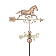 a weathervane with a horse on it's side and an arrow pointing to the right