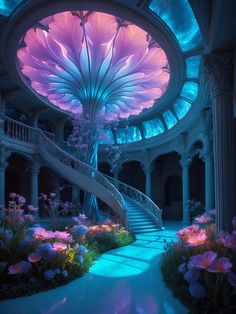 a staircase leading up to a large flower filled room with blue lights on the ceiling