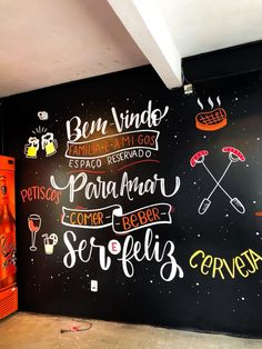 a chalkboard with different types of food and drinks written on it's side