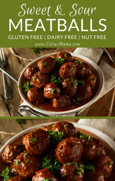 sweet and sour meatballs in a white bowl with parsley garnish on top