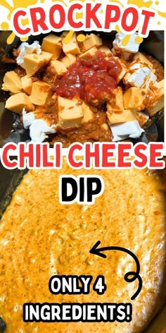 the ingredients for crockpot chili cheese dip are shown in this image, and there is