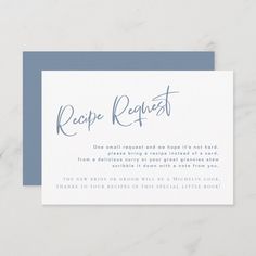 the recipe request card is shown on top of a marble table with white and blue paper