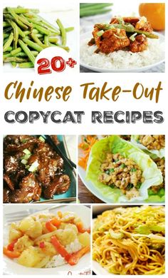 the top 20 chinese take - out copycat recipes are on display in this collage