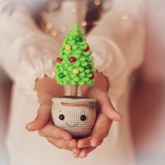 a person holding a small crocheted pot with a tree in it's palm