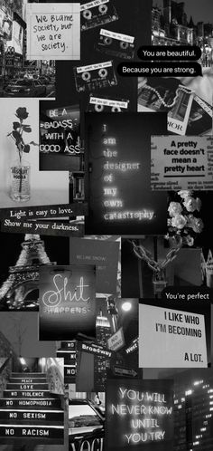 black and white collage with different types of signs