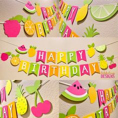 a happy birthday banner with fruit and pineapples