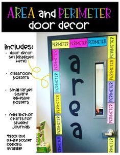 a door decorated with words that spell out area and perimeter