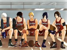 four anime basketball players are sitting on the bench