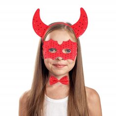 Skeleteen children's devil costume set is a great set for Halloween or dress-up. The set includes a red headband with devil horns, a face mask with an elastic, and a red bow-tie with an elastic. This set has red sequin and metallic thread running through the patter to give it a cool effect. There's a sponge inserted in the red fabric of the mask to ensure complete comfort while wearing it. Skeleteen items are made of tested materials that are non-toxic and safe. Pitch Fork, Demon Costume, Themed Costumes, Pitch Forks, Devil Costume, Red Headband, Red Bow Tie, Red Sequin, Metallic Thread