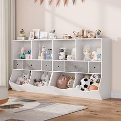 a white shelf filled with lots of toys