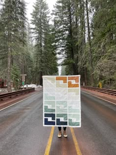 a person standing on the side of a road holding a large poster