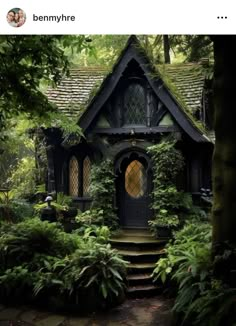 an image of a house in the woods with plants growing on it's side