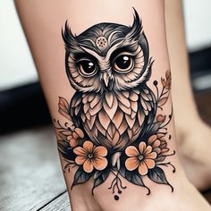 an owl tattoo on the leg with flowers