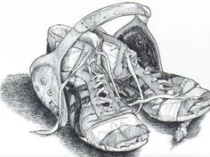 a drawing of a pair of tennis shoes on the ground with their laces still attached